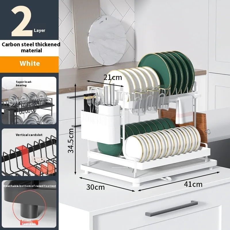White double-layer kitchen storage rack with removable draining base showing utensil organisation