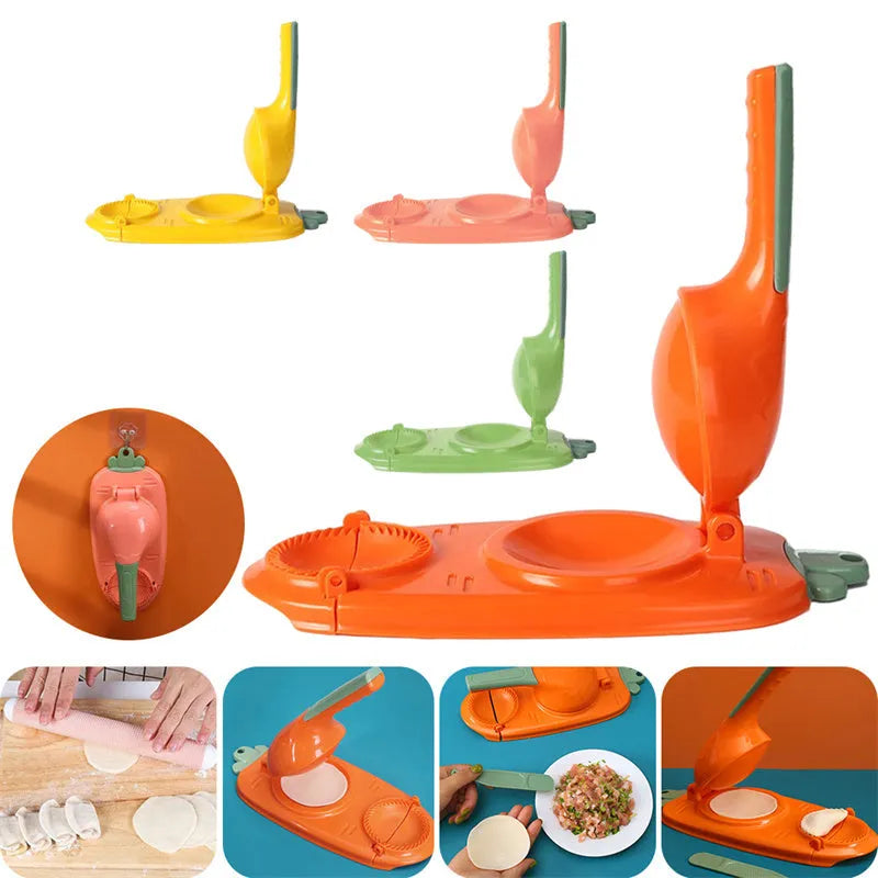 Manual plastic dumpling press tool with ergonomic handle and hanging hole for storage.