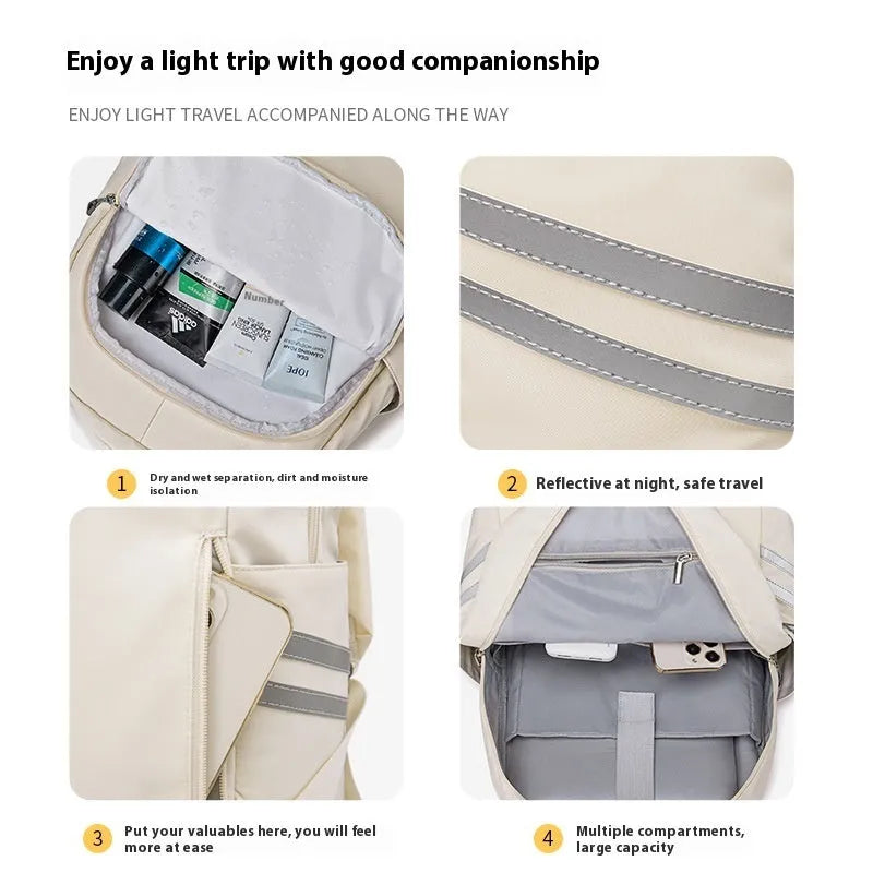 Large beige unisex backpack with dry-wet separation compartments and curved shoulder straps