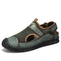 Men's brown genuine leather mesh breathable casual shoes with elastic band and round toe on a white background.