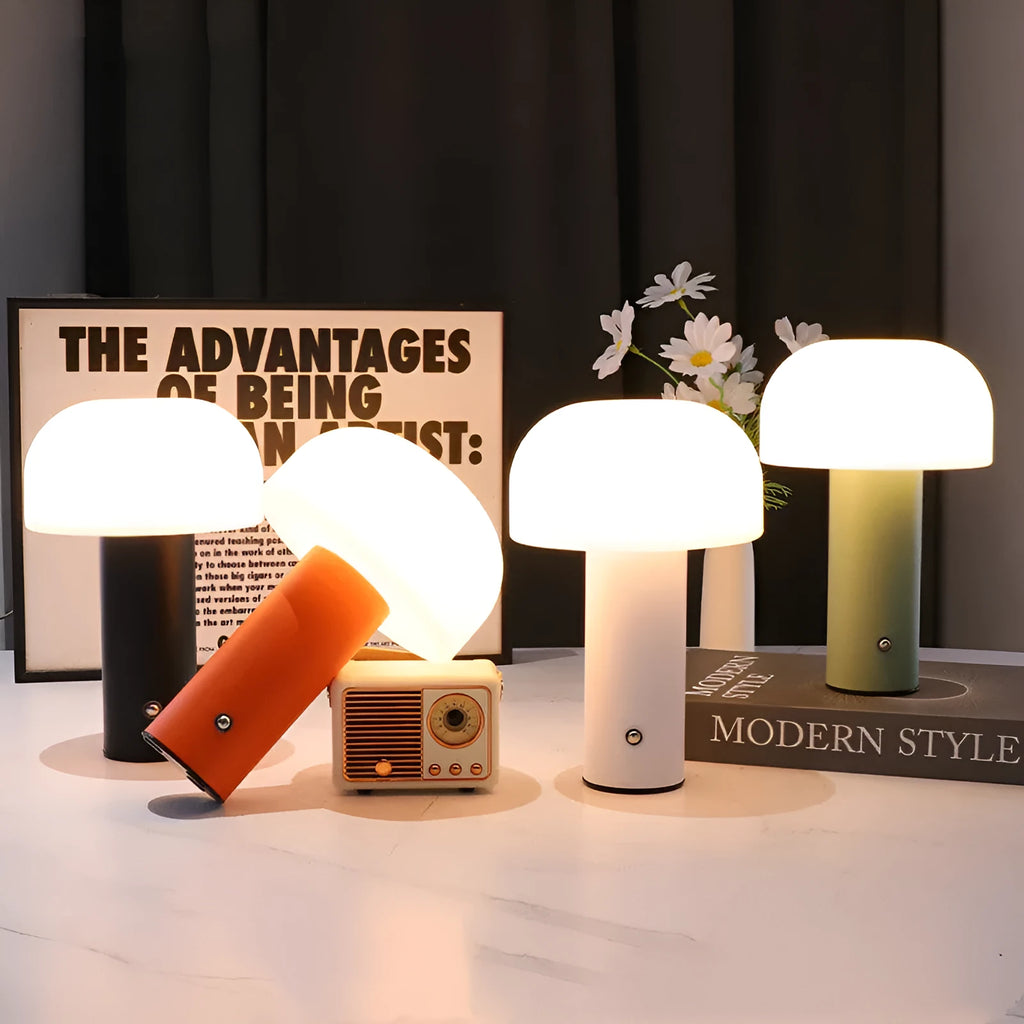 USB-powered plastic table lamp with three-colour LED effects in black, white, orange, or green finishes