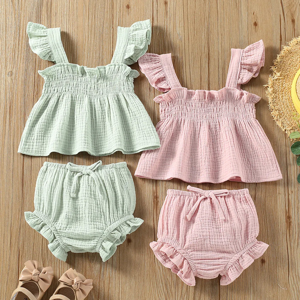 Girls' solid colour cotton sling top and hot pants two-piece suit in green, pullover style for toddlers