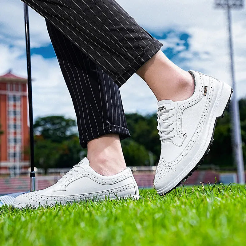 Men's genuine leather golf shoe in lake blue with a non-slip rubber outsole.