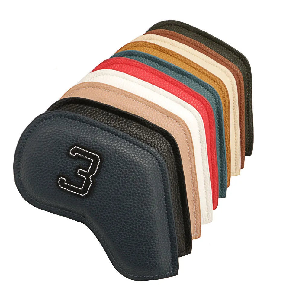 Set of 10 multi-coloured PU golf club head covers with ball head design on a golf bag.