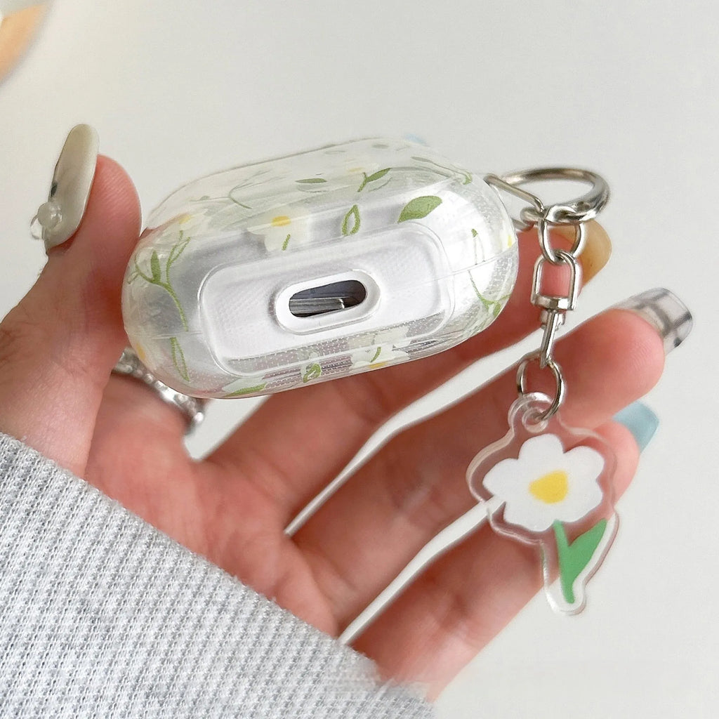 Transparent TPU Bluetooth headset protective cover with white floral design for Apple AirPods