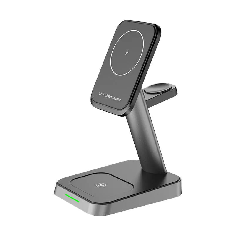 Black vertical wireless charging stand for mobile phone and Apple Watch with built-in battery