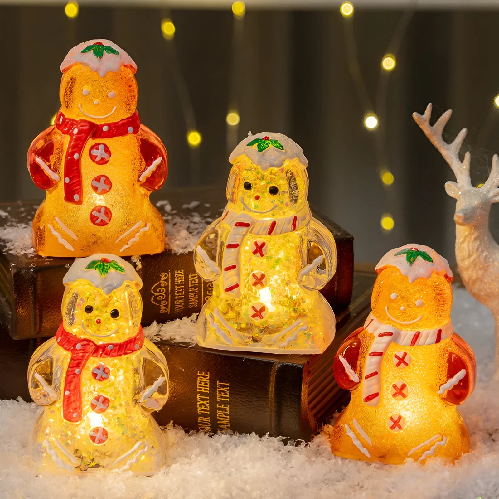 Glowing plastic gingerbread snowman Christmas ornament with a red scarf