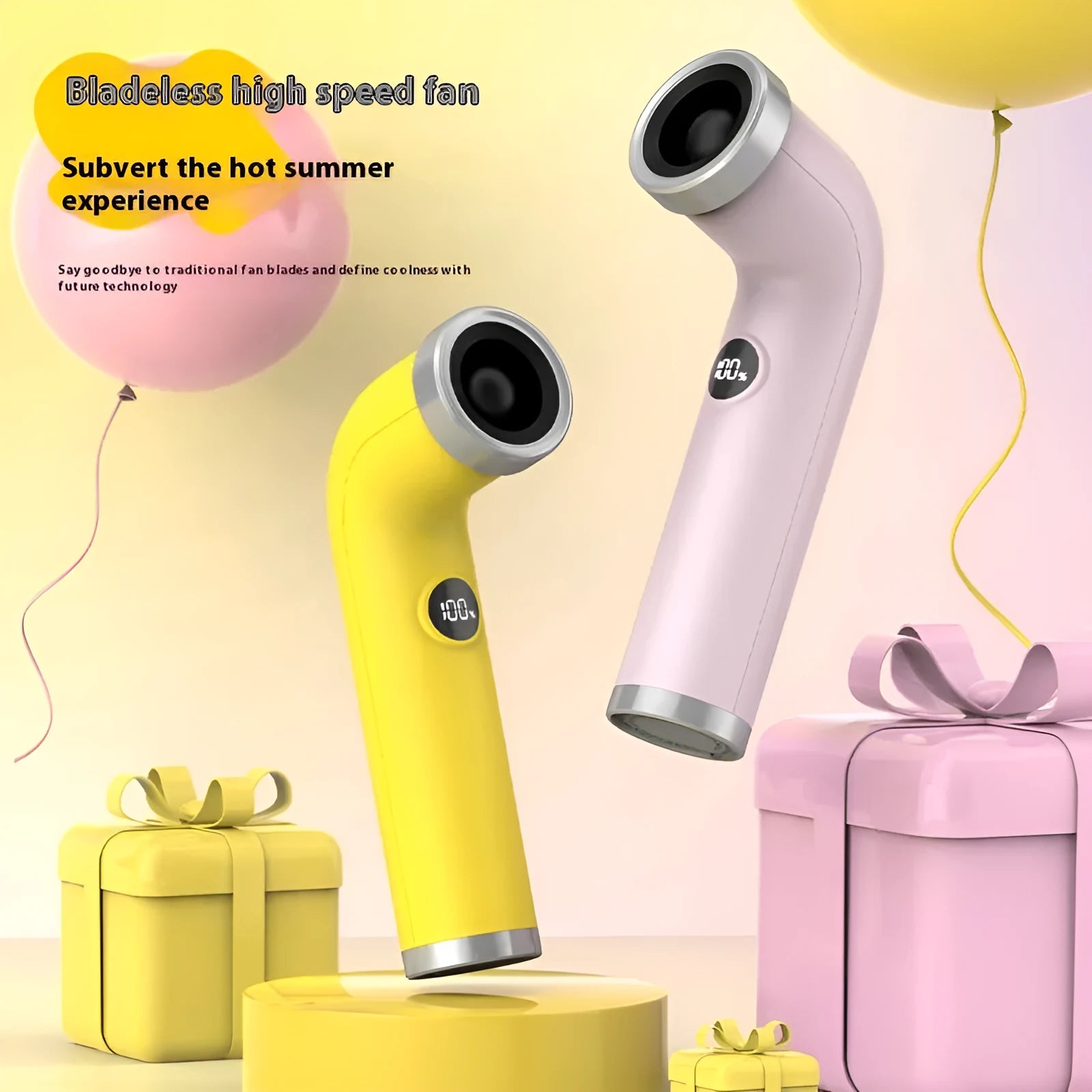 Bladeless turbine fan in apricot colour with lithium battery power for portable cooling