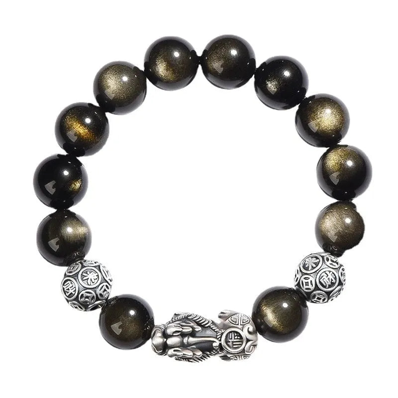 Men's geometric bracelet with a black obsidian bead and sterling silver clasp on a leather cord.