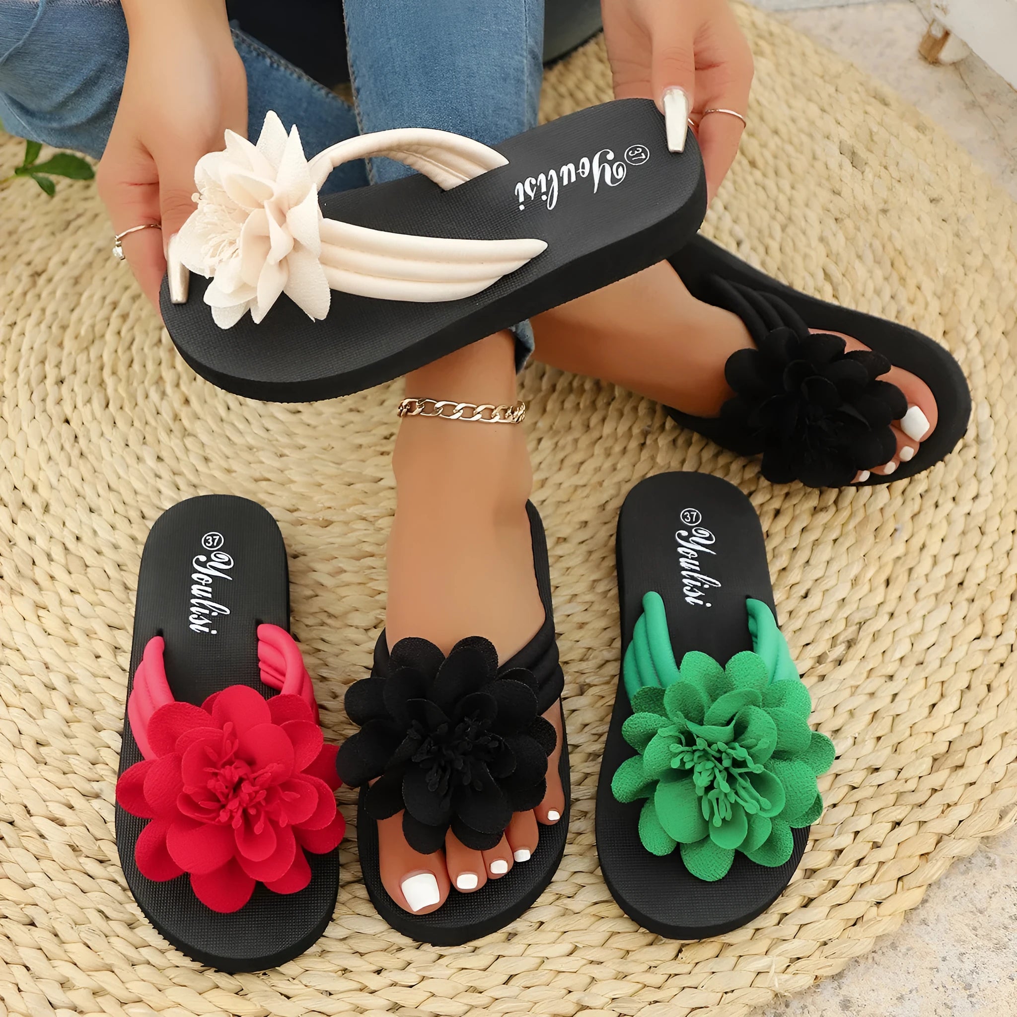 Solid-colour floral flip-flops with a lightweight EVA sole on a plain background.