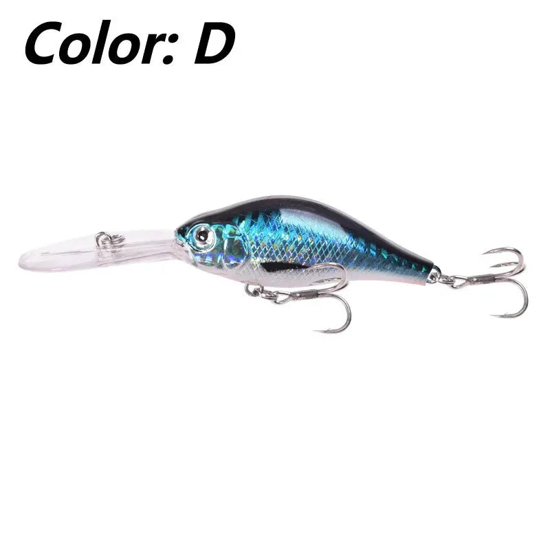 10.5cm long tongue board Mino fishing lure in colour option A, shown alongside other colour variants B through E.
