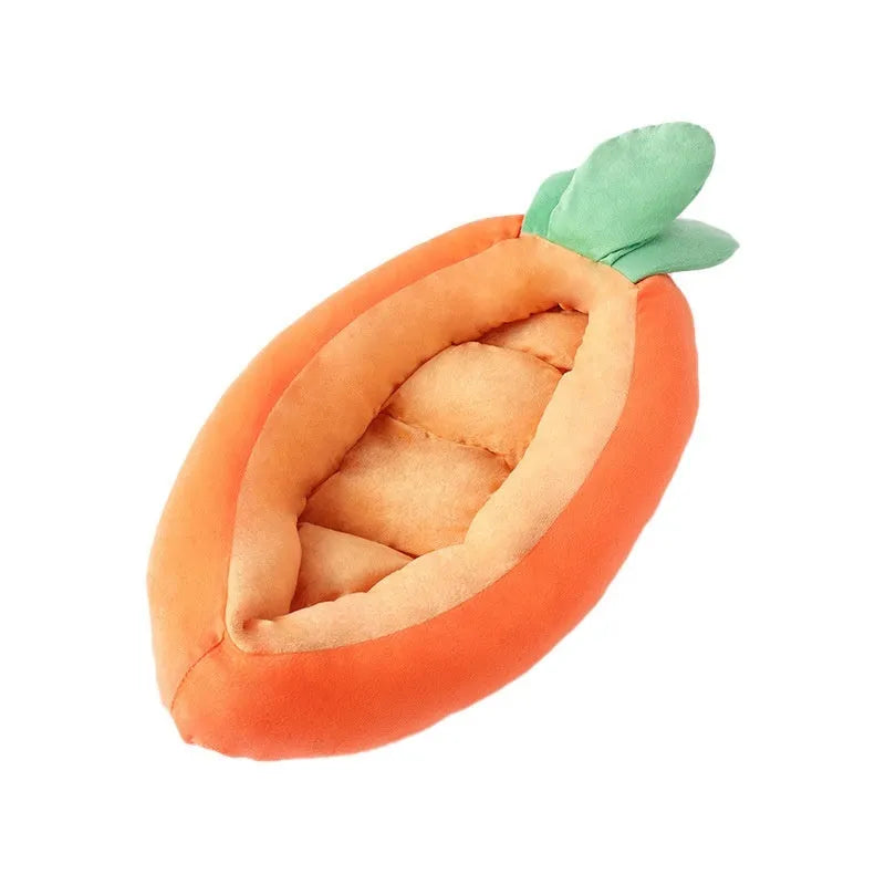 Carrot-themed double-sided washable cloth pet mattress for dogs, shown in medium and large sizes.