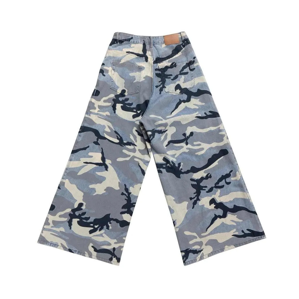Snow camouflage blue men's and women's jeans with loose fit and micro-elastic stretch