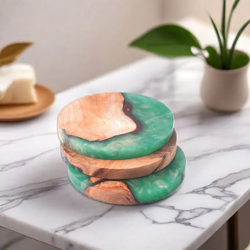 Nordic style wooden Kung Fu tea coaster in solid colour with irregular round shape
