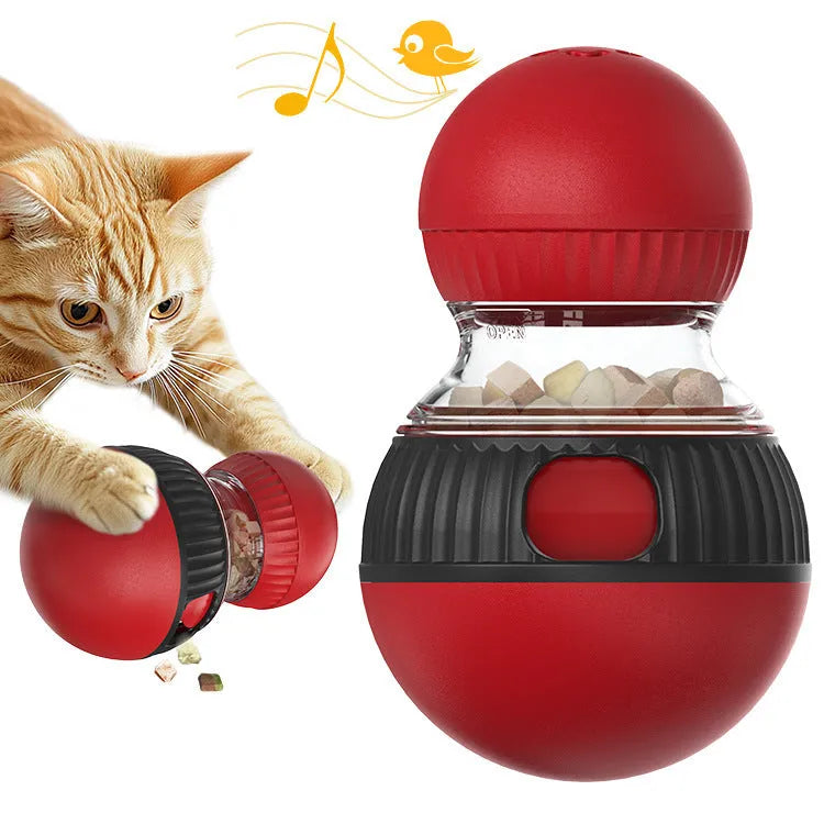 Rotating plastic cat toy ball in super ball colours with food-dispensing and sound features.