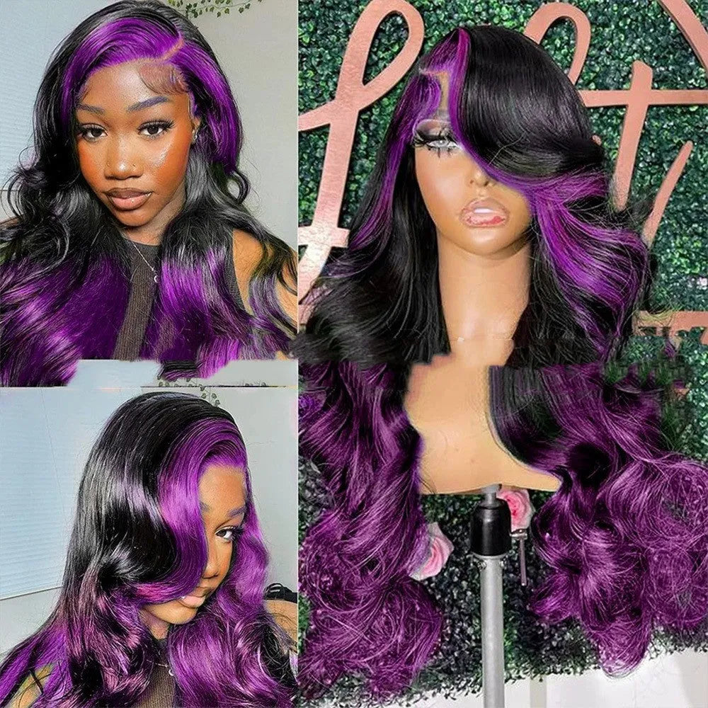 Gradient purple real human hair lace front wig with 13x6 integrated cap construction