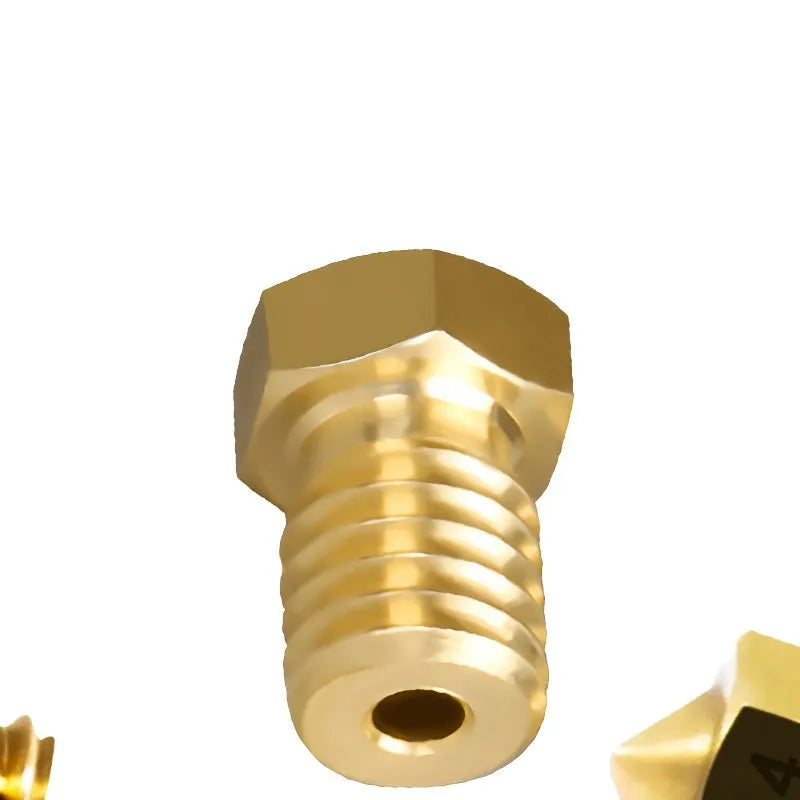 Brass 3D printer nozzle with M6 thread, shown with selection of outlet aperture sizes from 0.2mm to 1.0mm.