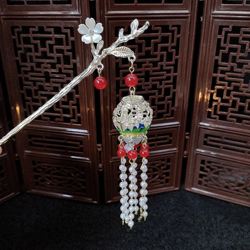 Retro alloy luminous hairpin with landscape lantern design in warm light colour
