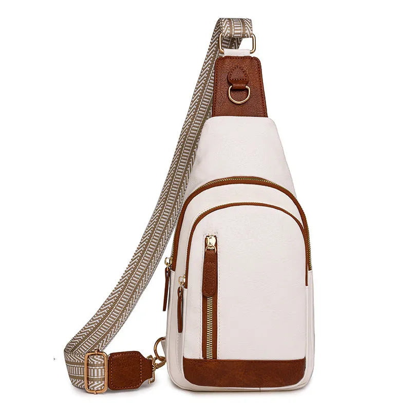 Soft brown PU women's small messenger chest bag with crossbody strap and open front pocket.