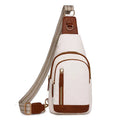 Soft brown PU women's small messenger chest bag with crossbody strap and open front pocket.