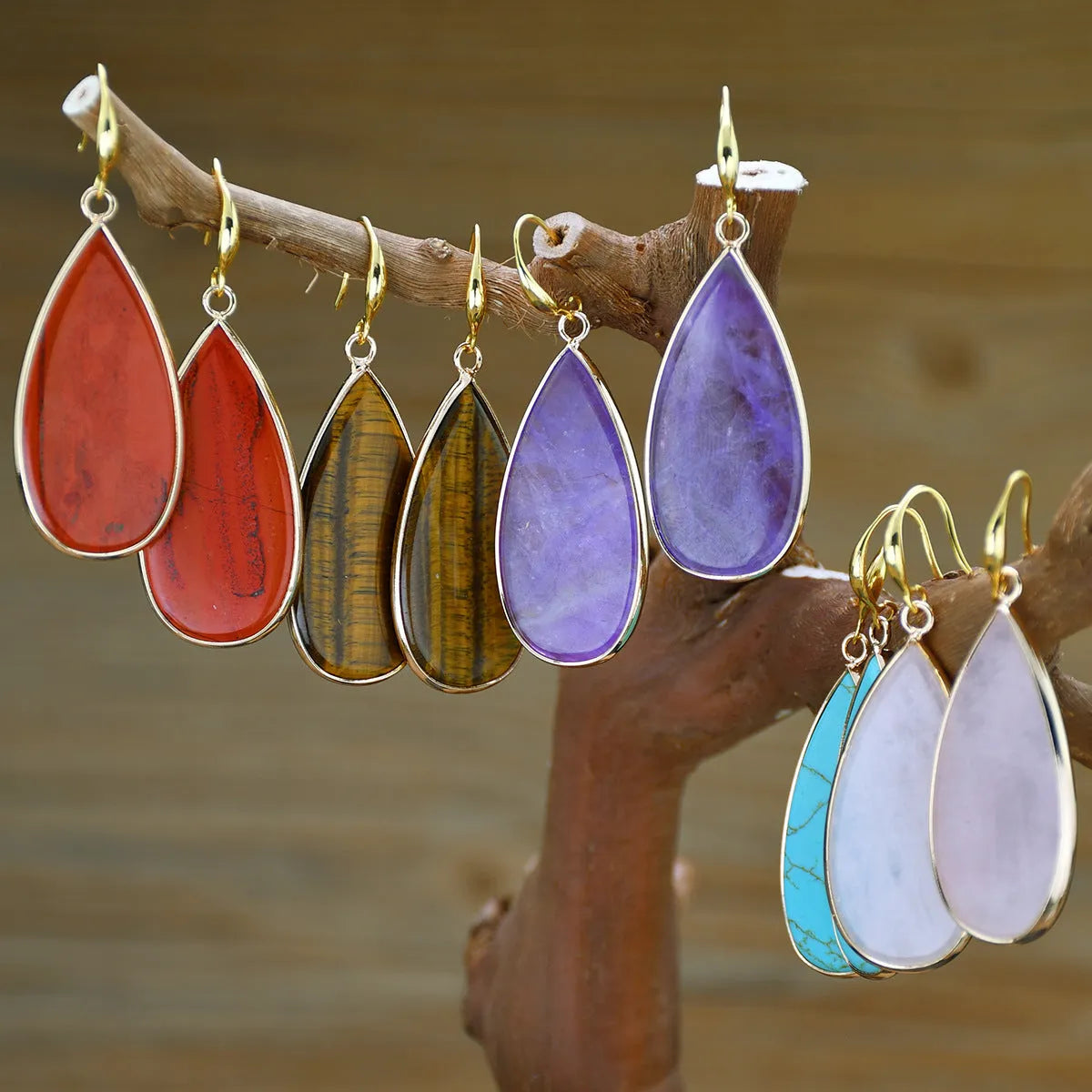 Vintage tigereye long water drop earrings in retro style with stone materials