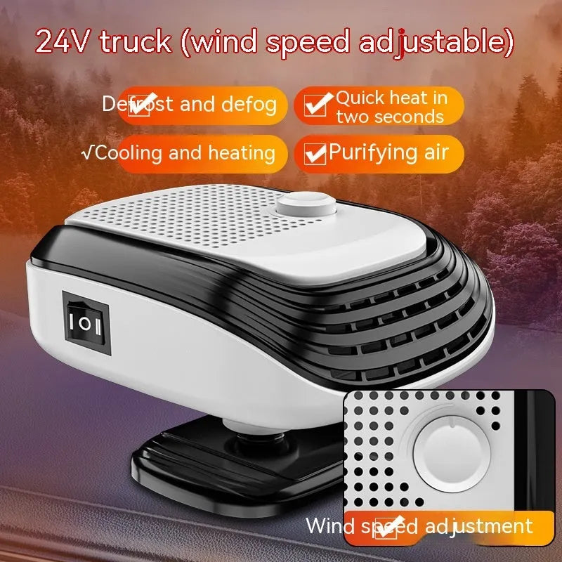 White or green portable 12V 24V warm air blower heater for car and truck use.