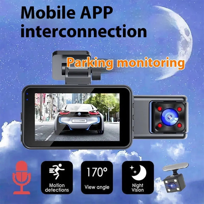 Black three-lens car dash cam for front windshield with 3.0-inch screen