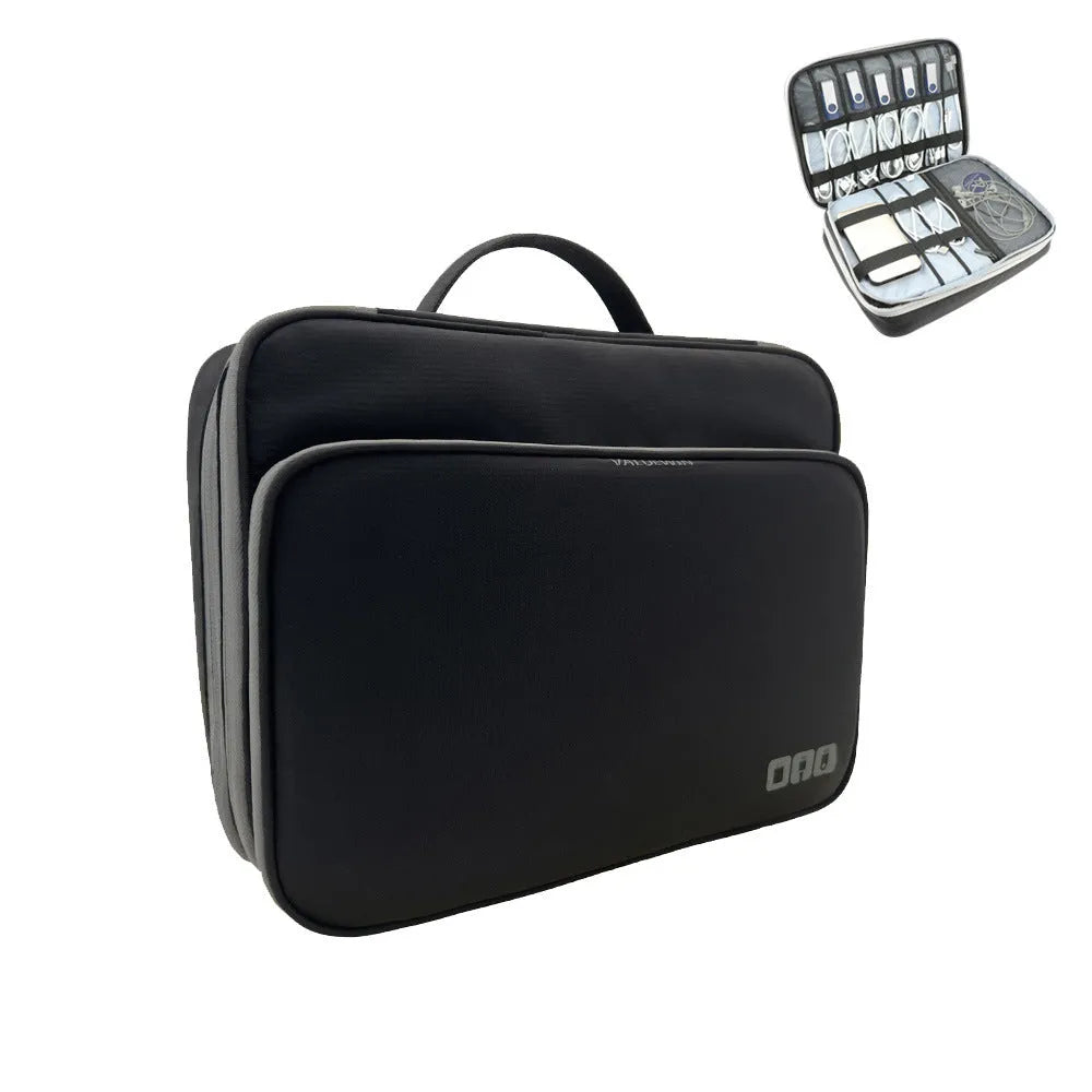 Grey three-layer travel storage bag with waterproof polyester construction and sewing line detailing