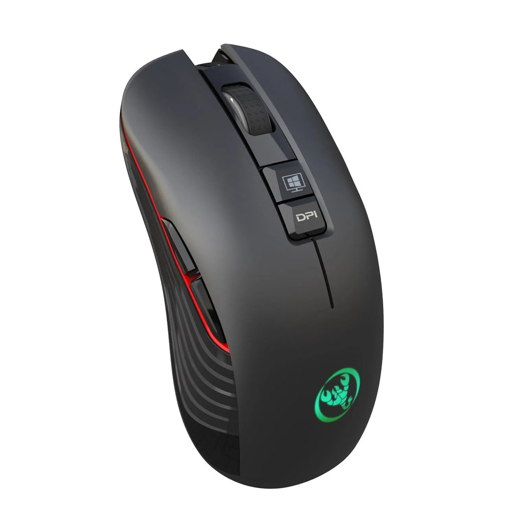 Black wireless gaming mouse with RGB lighting and ergonomic shape on desktop
