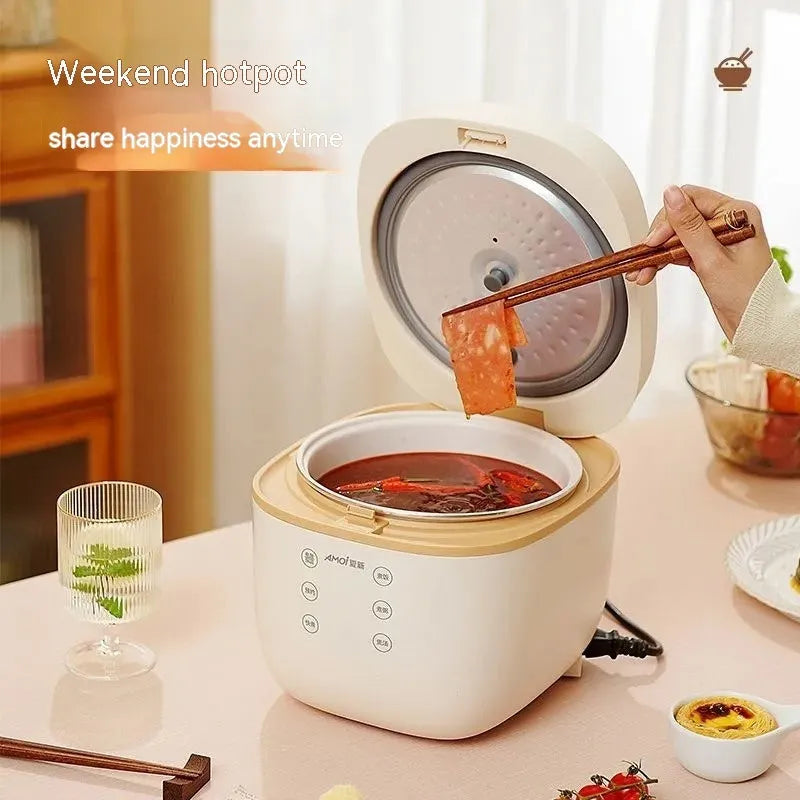 White intelligent rice cooker with black crystal inner pot and accessories