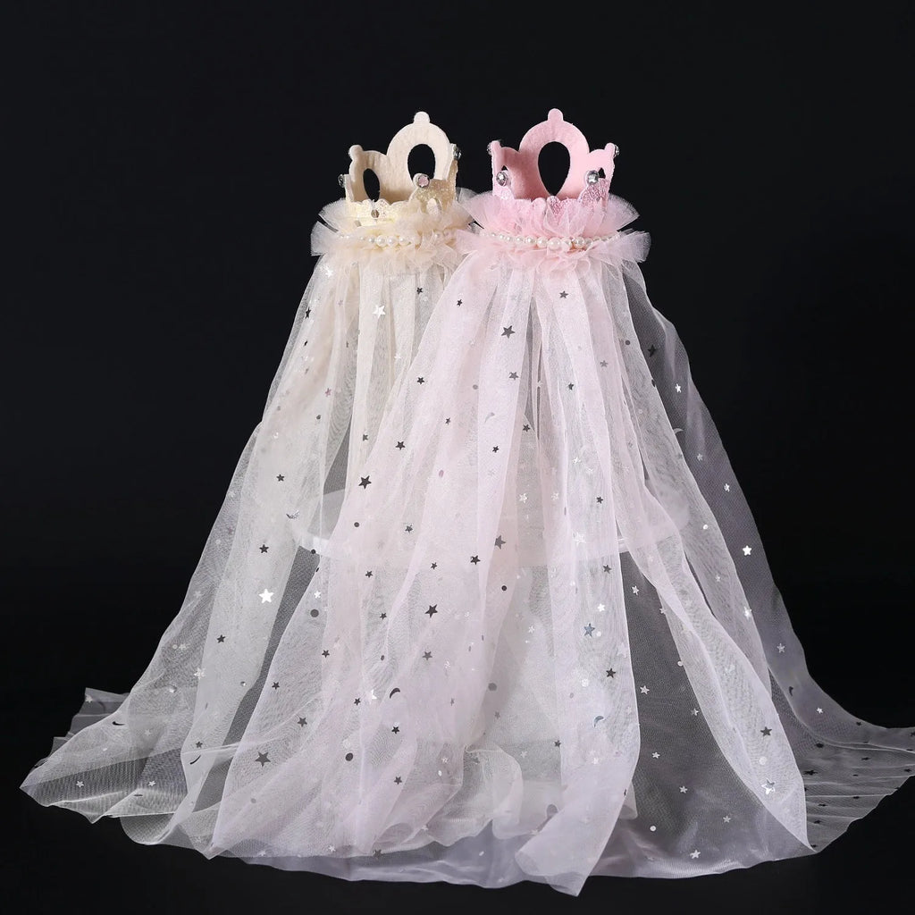 Pet cat wearing princess crown headdress with veil in beige or pink colour