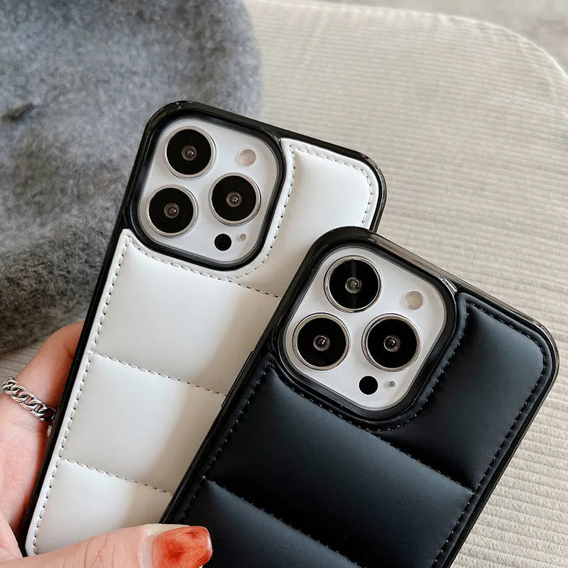 Candy Down Jacket Shape Phone Case for iPhone in black, white, rose red, or green showing puffer texture and dual-material build.