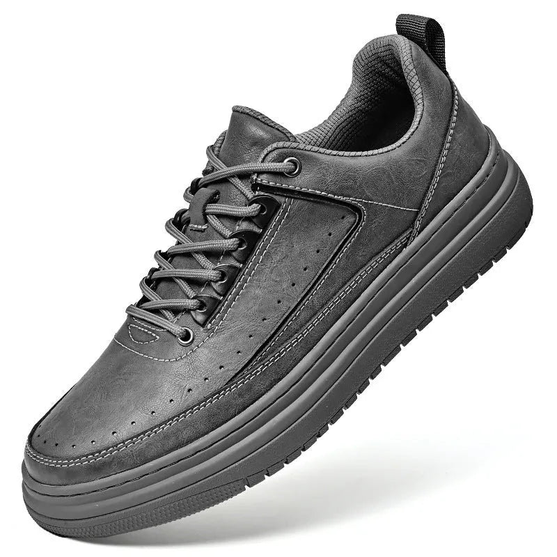 Men's genuine cowhide leather casual lace-up shoes, round toe, flat heel, black colour, side view
