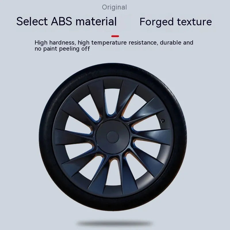 Set of four plastic wheel hub covers for a Tesla Model Y in a carbon fibre pattern finish.