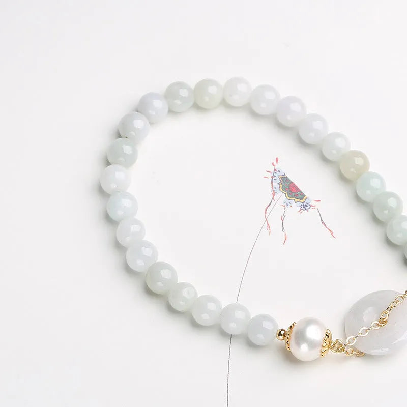 Women's jade pearl bracelet with geometric design and peace buckle closure in Chinese national style