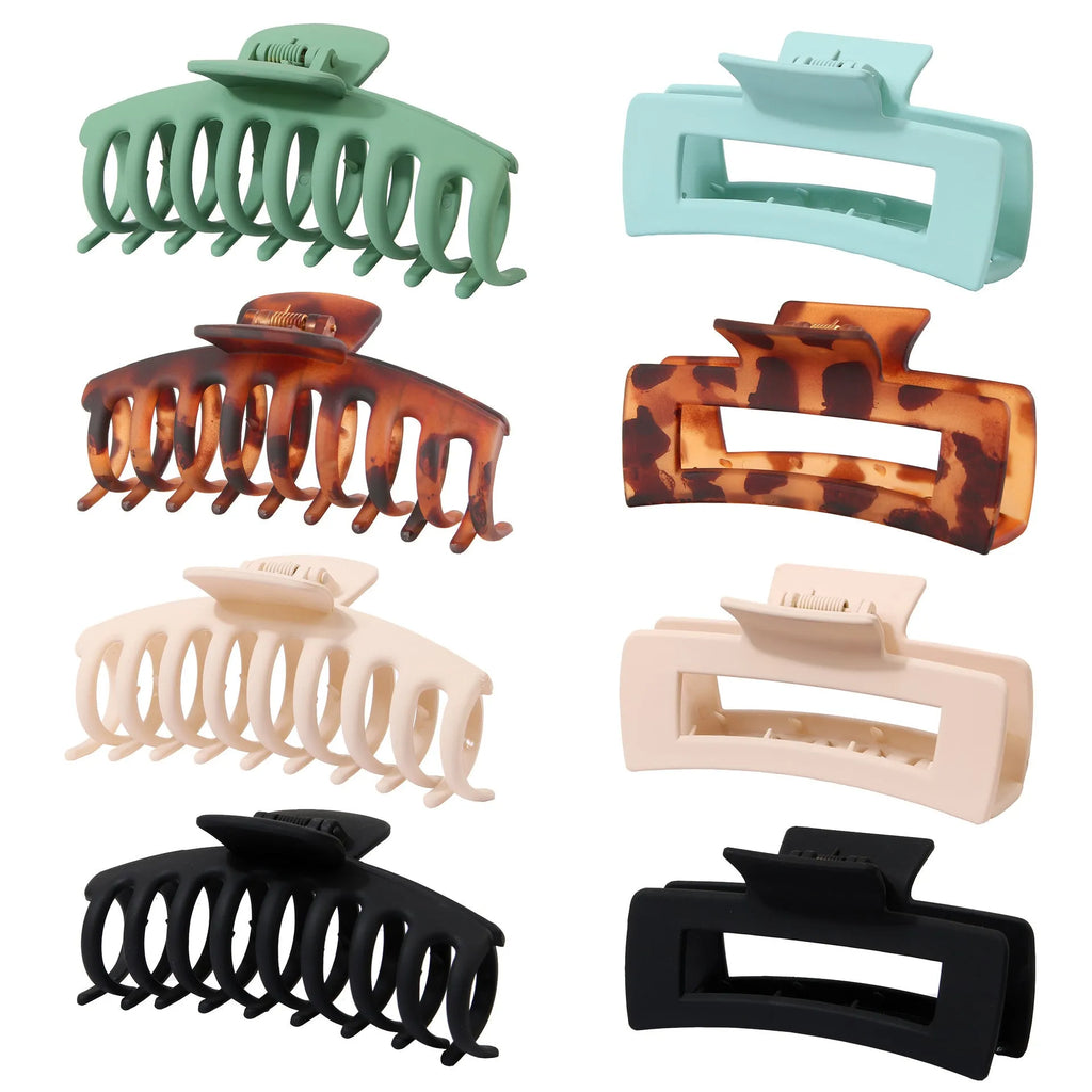 Set of six women's geometric hair clips with frosted plastic grip in rose red and nude colours