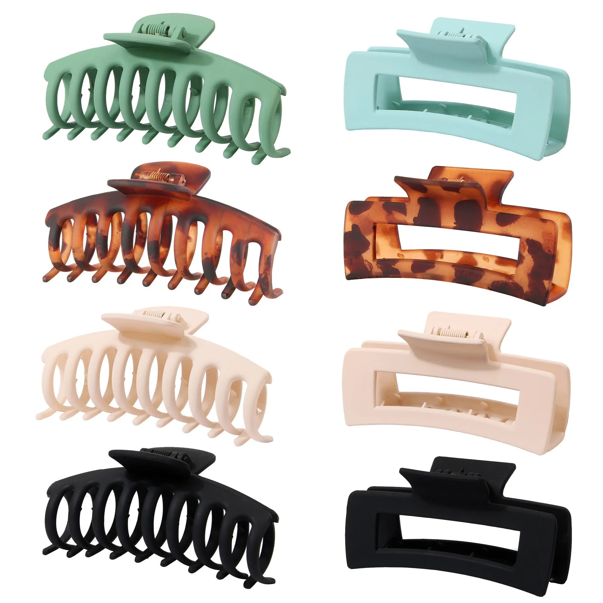 Set of six women's geometric hair clips with frosted plastic grip in rose red and nude colours