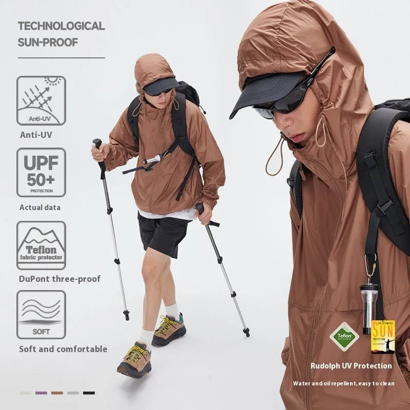 Men's lightweight sports hooded coat in chemical fibre blend fabric with slit pockets and straight hem design
