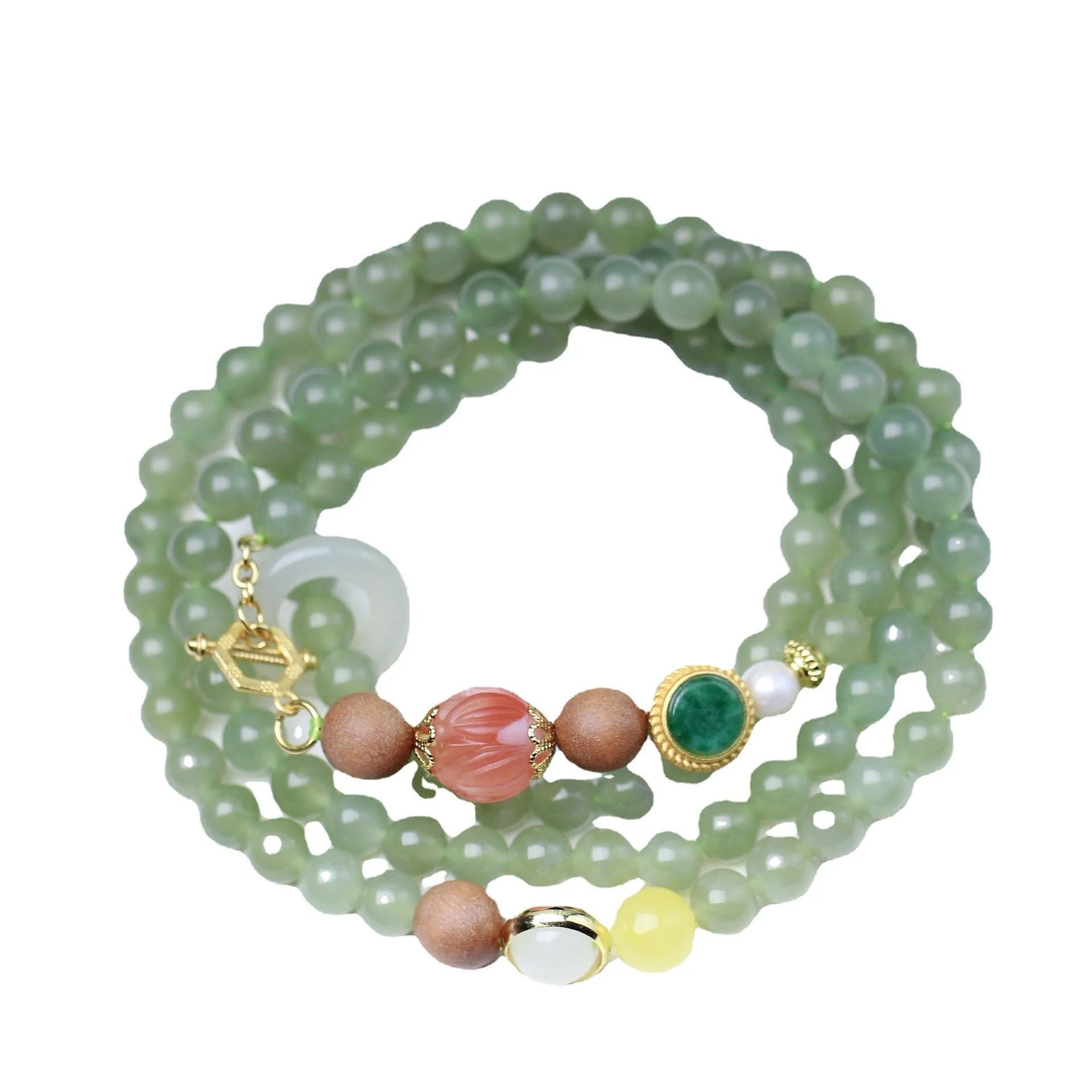Hetian jade lotus bead necklace and bracelet set with white sandalwood and beeswax accents.