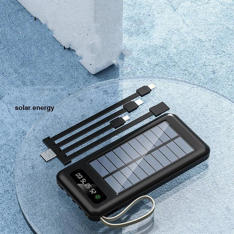 Solar power bank in black or white with polymer lithium-ion cells and solar charging panel