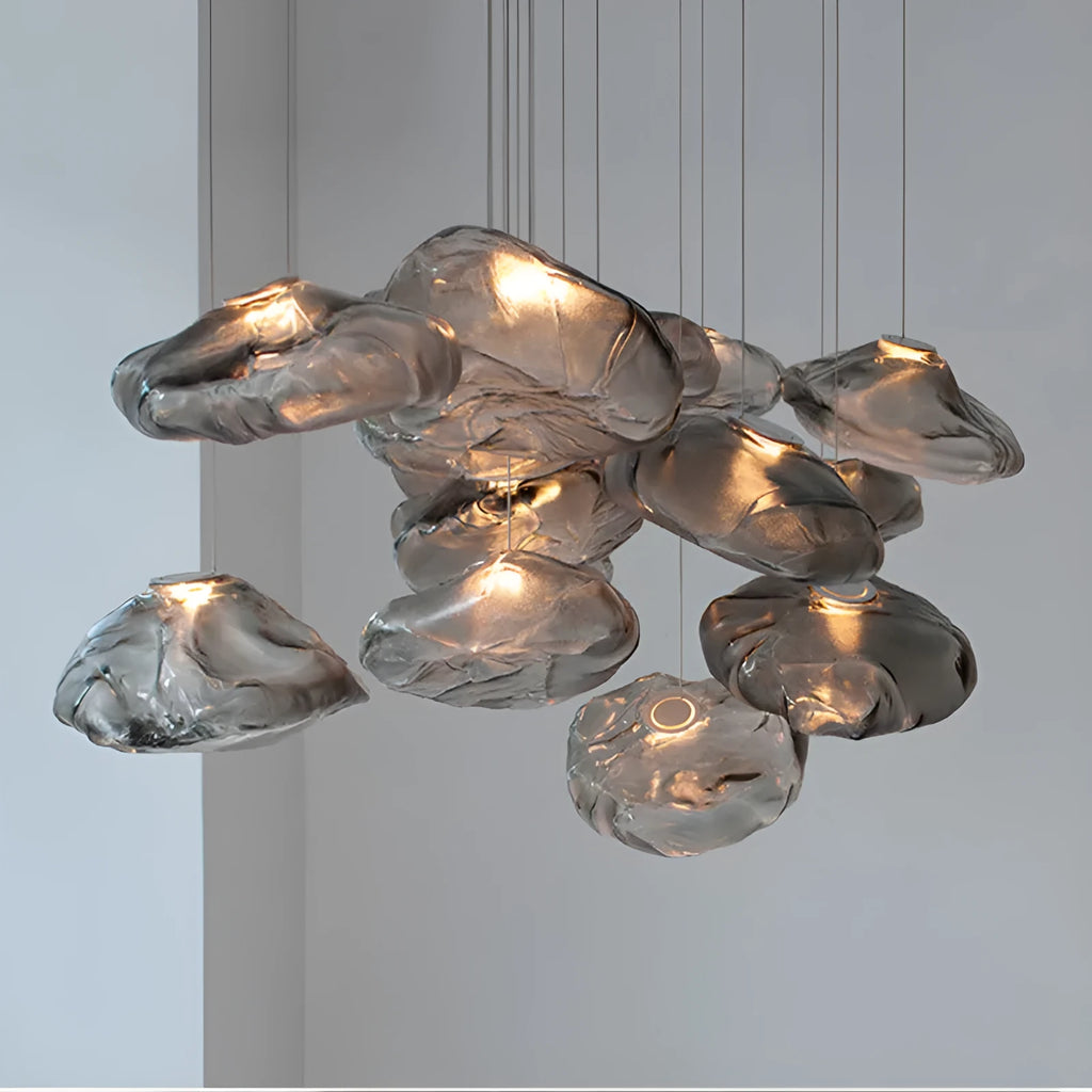 Modern fabric chandelier with glass shade in amber, clear or smoke grey colour options