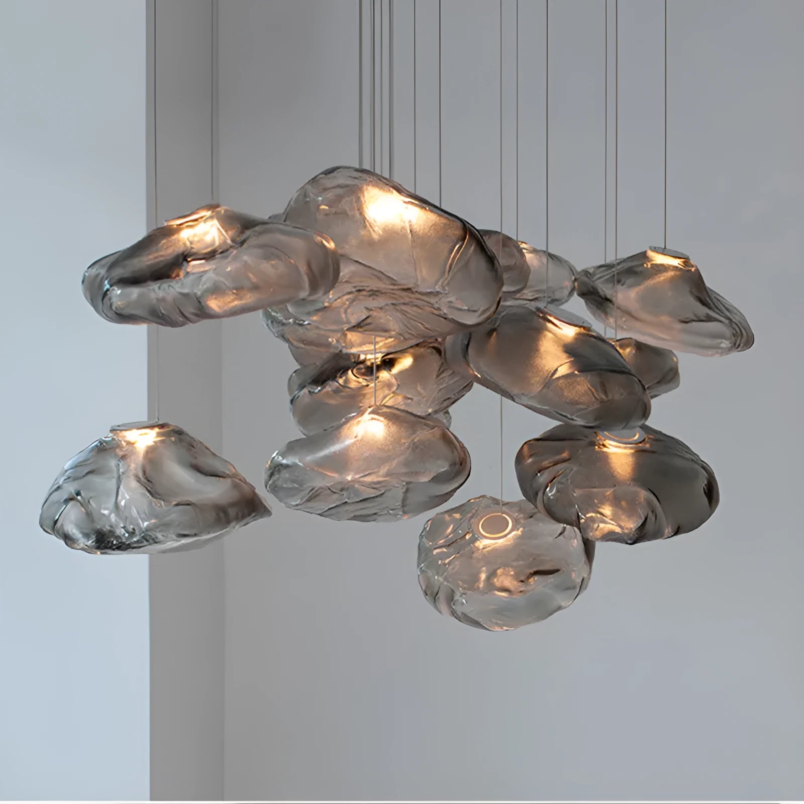 Modern fabric chandelier with glass shade in amber, clear or smoke grey colour options