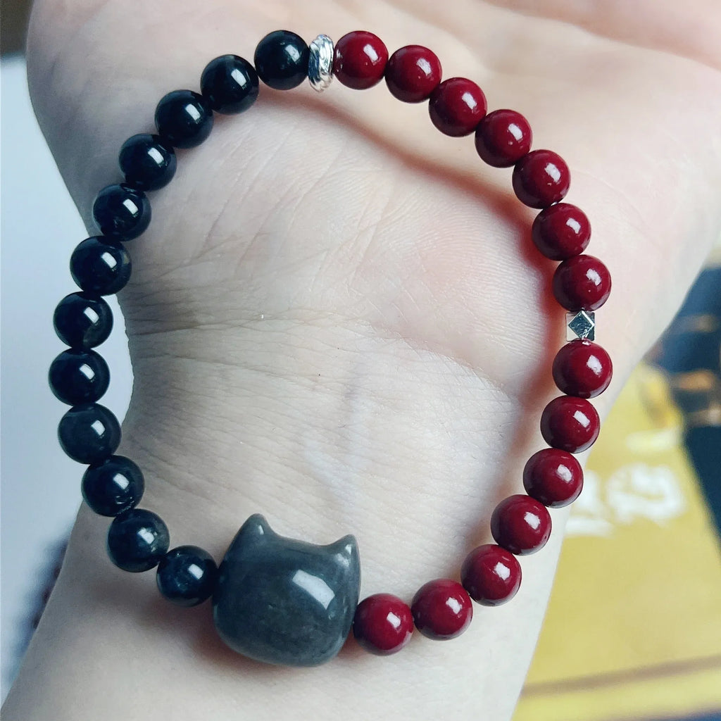 Manually crafted obsidian cat bracelet with net red wind aesthetic and feline charm