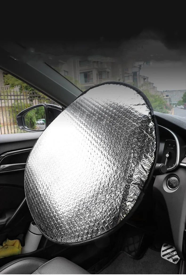 Car steering wheel sunshade cover in aluminium foil with brand LOGO pattern for universal fit heat protection