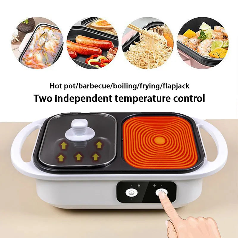 White or green household electric hot pot with mechanical controls, shown with dimensions.