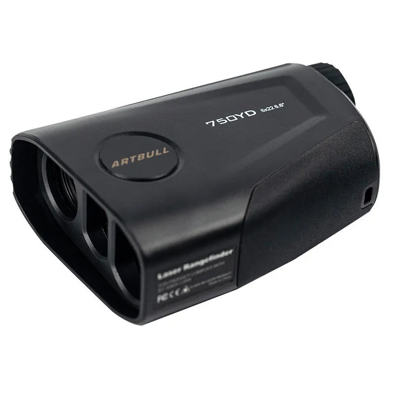 Golf laser rangefinder device showing LCD display with distance measurement and Type-C charging port