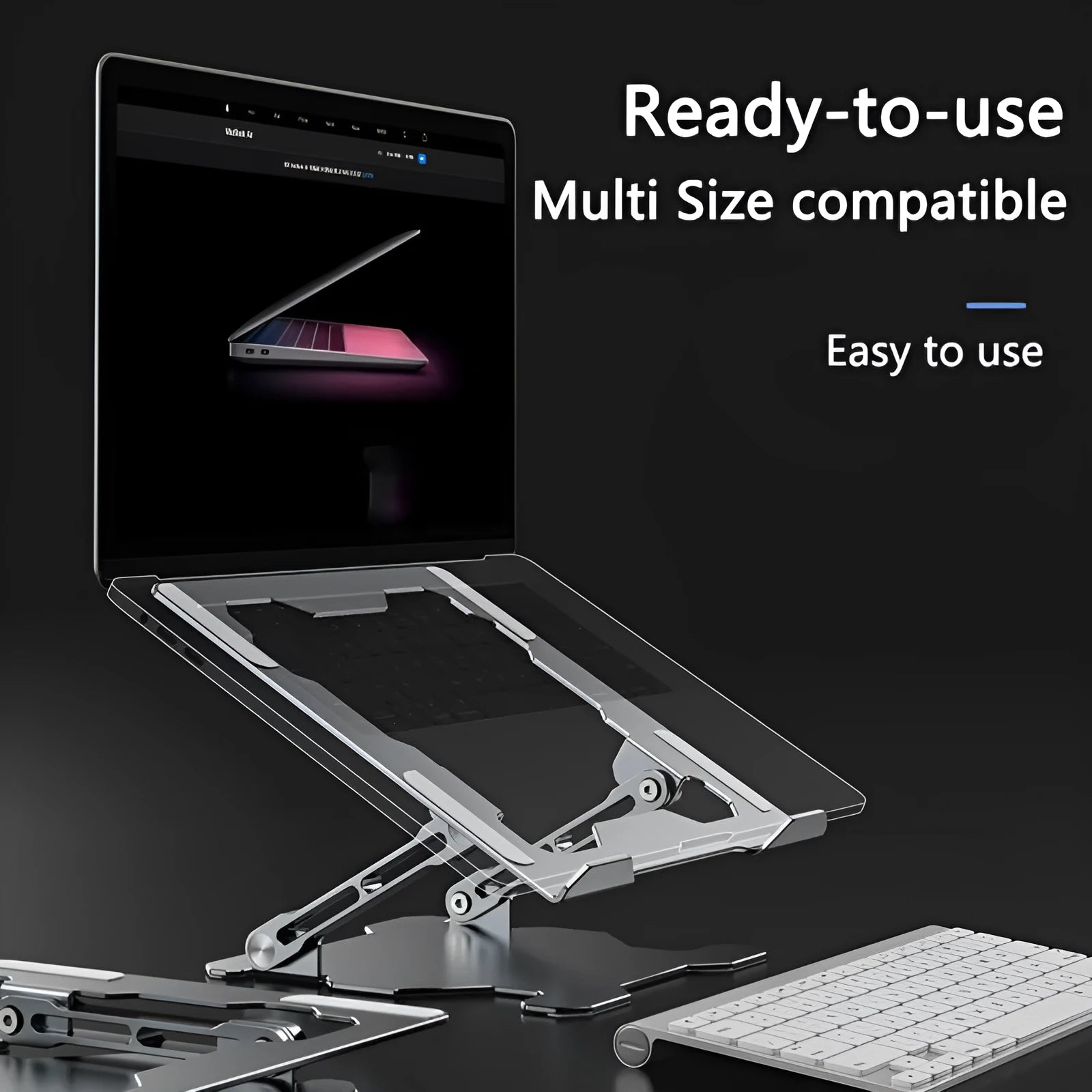 Grey aluminium adjustable laptop stand in folded position showing hollow design and silicone pads