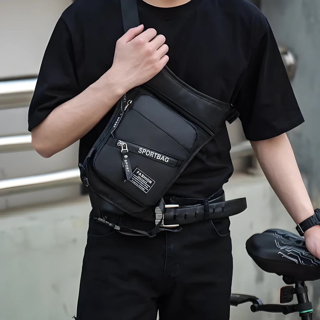 Men's nylon crossbody cycling leg bag in black colour showing waterproof anti-theft features