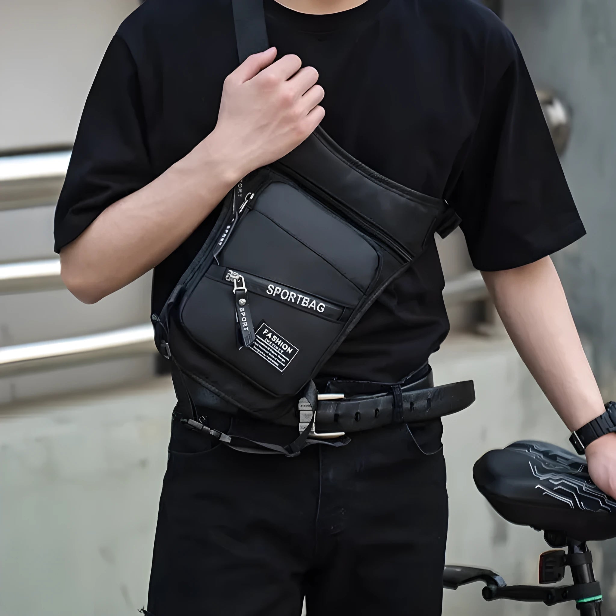 Men's nylon crossbody cycling leg bag in black colour showing waterproof anti-theft features