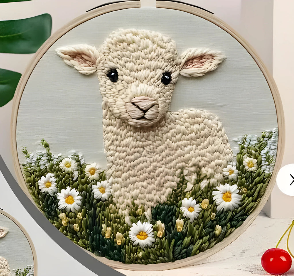 Sheep embroidery pin punch start-up process suit with cloth material and pastoral design